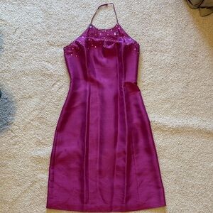Women’s Fuscia Halter Neck Silk Dress with Embellished Bodice